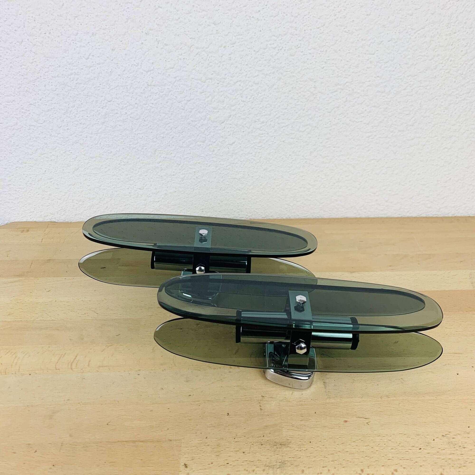 Pair of 70s smoked glass chrome wall lights