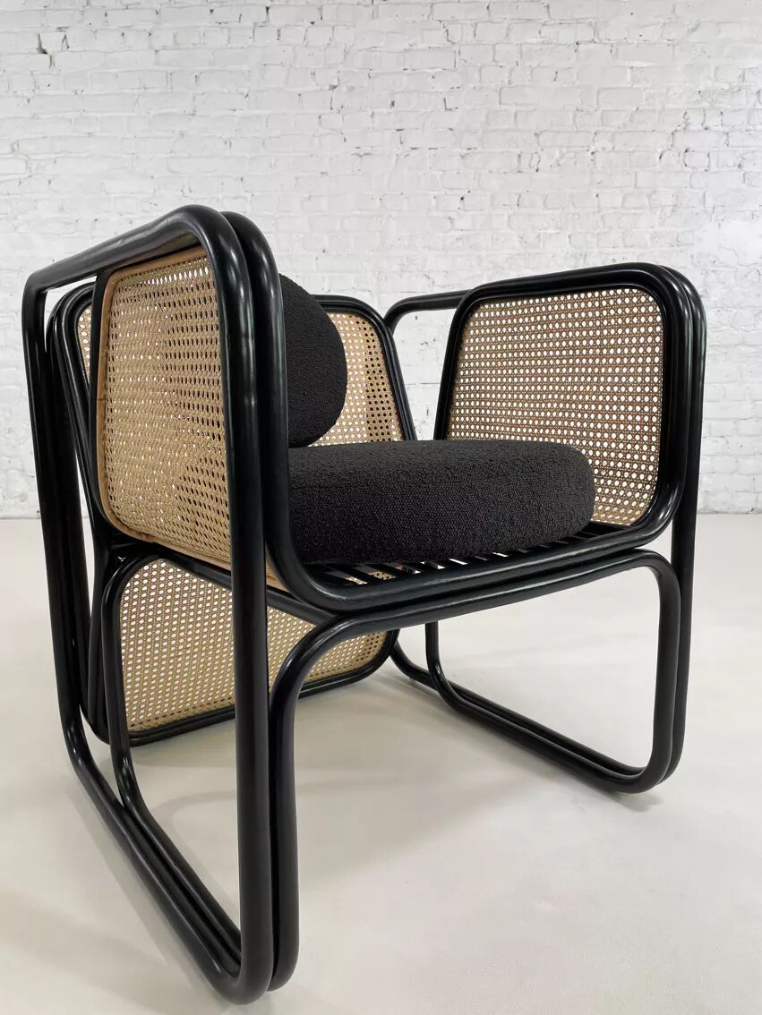 Cubic armchair in black rattan and canework