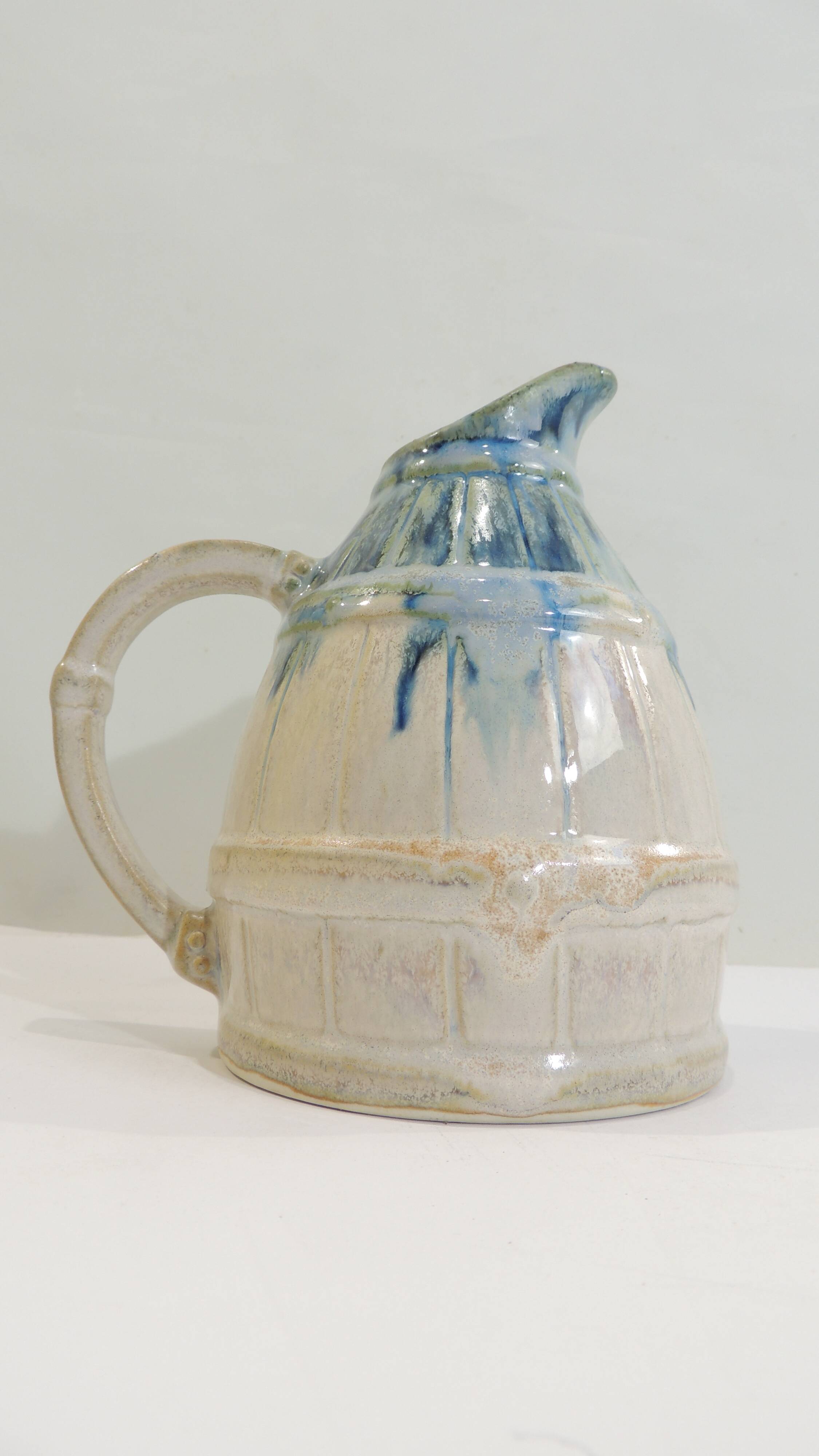 Vintage beige and blue glazed ceramic pitcher – Rustic handcrafted jug