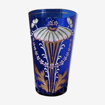 Art Nouveau enamelled blue glass cup