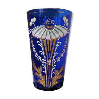 Art Nouveau enamelled blue glass cup
