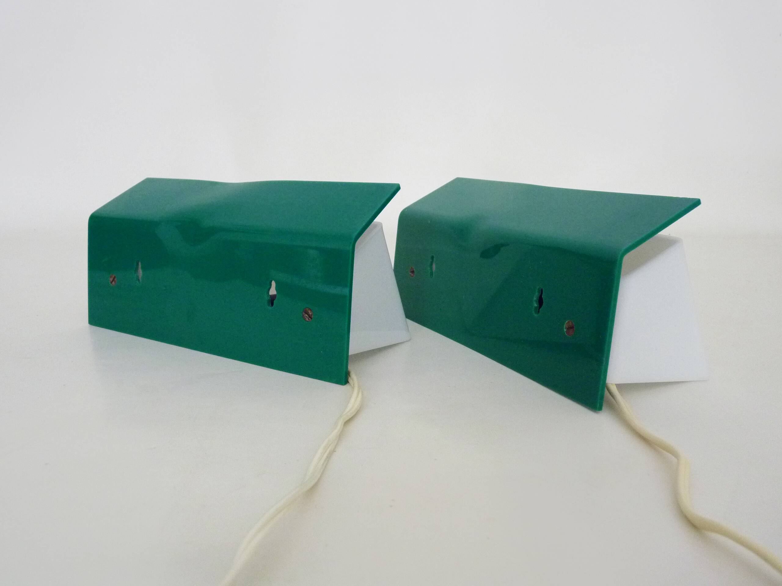 Pair of wall sconces with Scandinavian green and white shutters. 1980s.