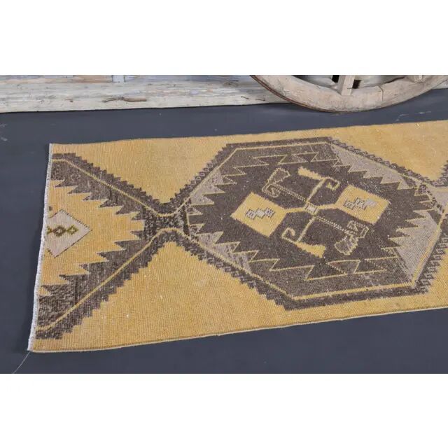 Vintage Turkish Hand-Knotted Wool Cotton Yellow Runner Rug 81x204