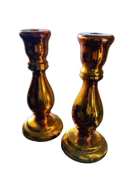 Pair of eglomised glass candle holders