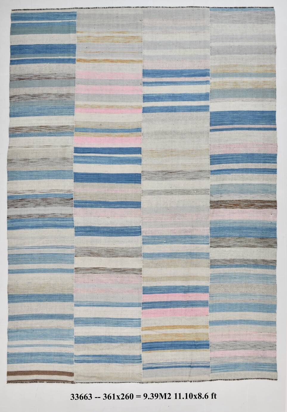 8x12 Light Blue & Off White Large Kilim Rug, 260x361Cm