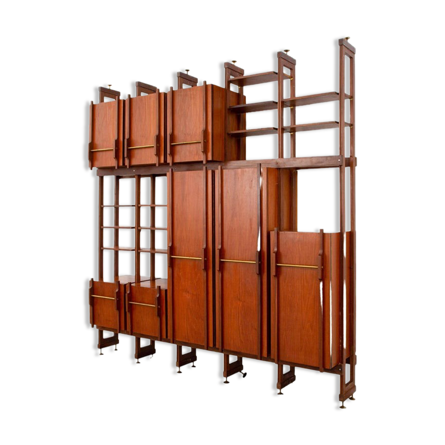 Bibliothèque en teck, noyer et laiton, Italie, années 1960