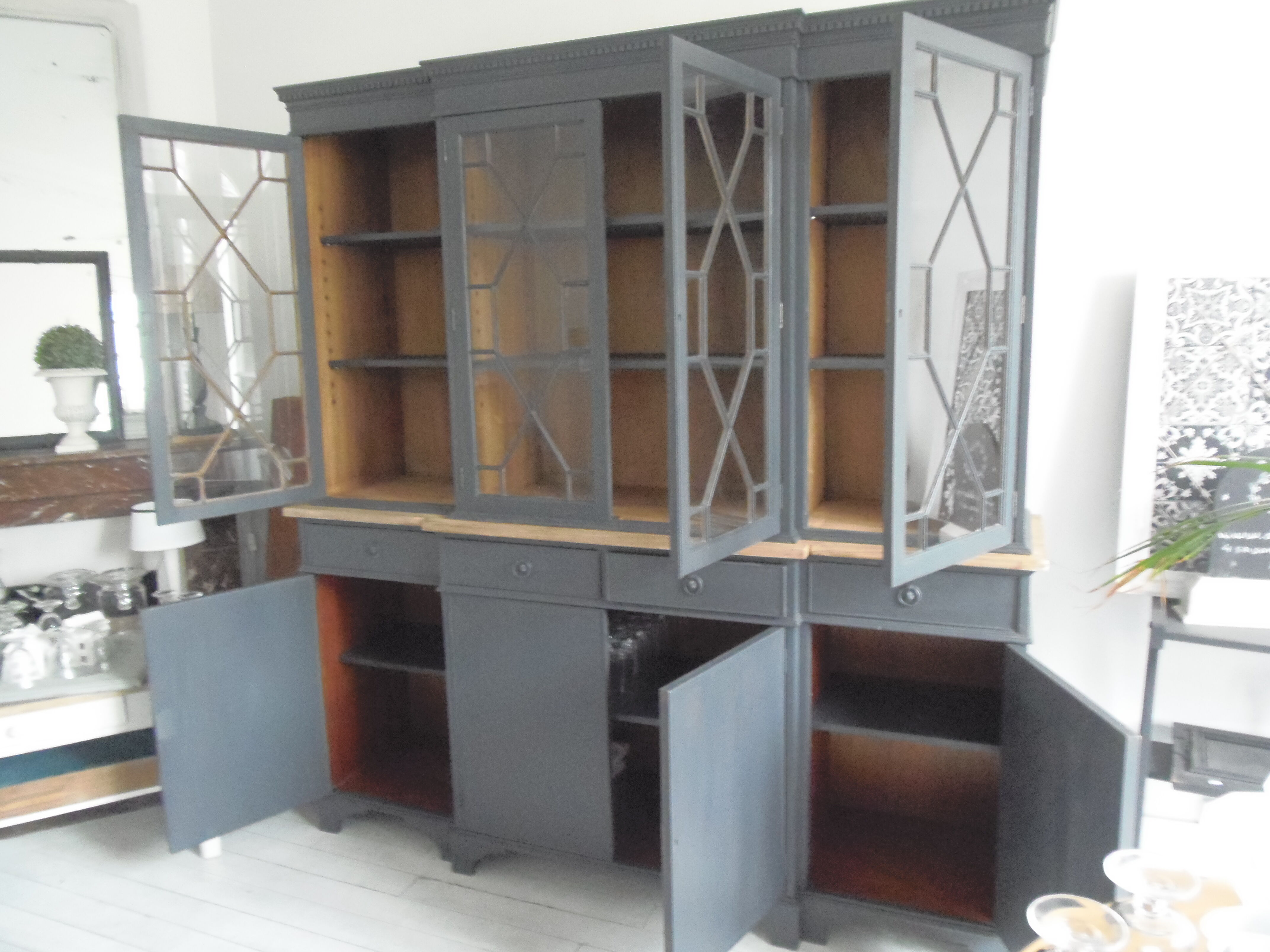 Slate grey china cabinet with wood interior