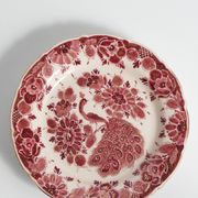 Regina Gouda Delft Hand-Painted Plate Red Peacock & Floral Motif Holland, 1950s
