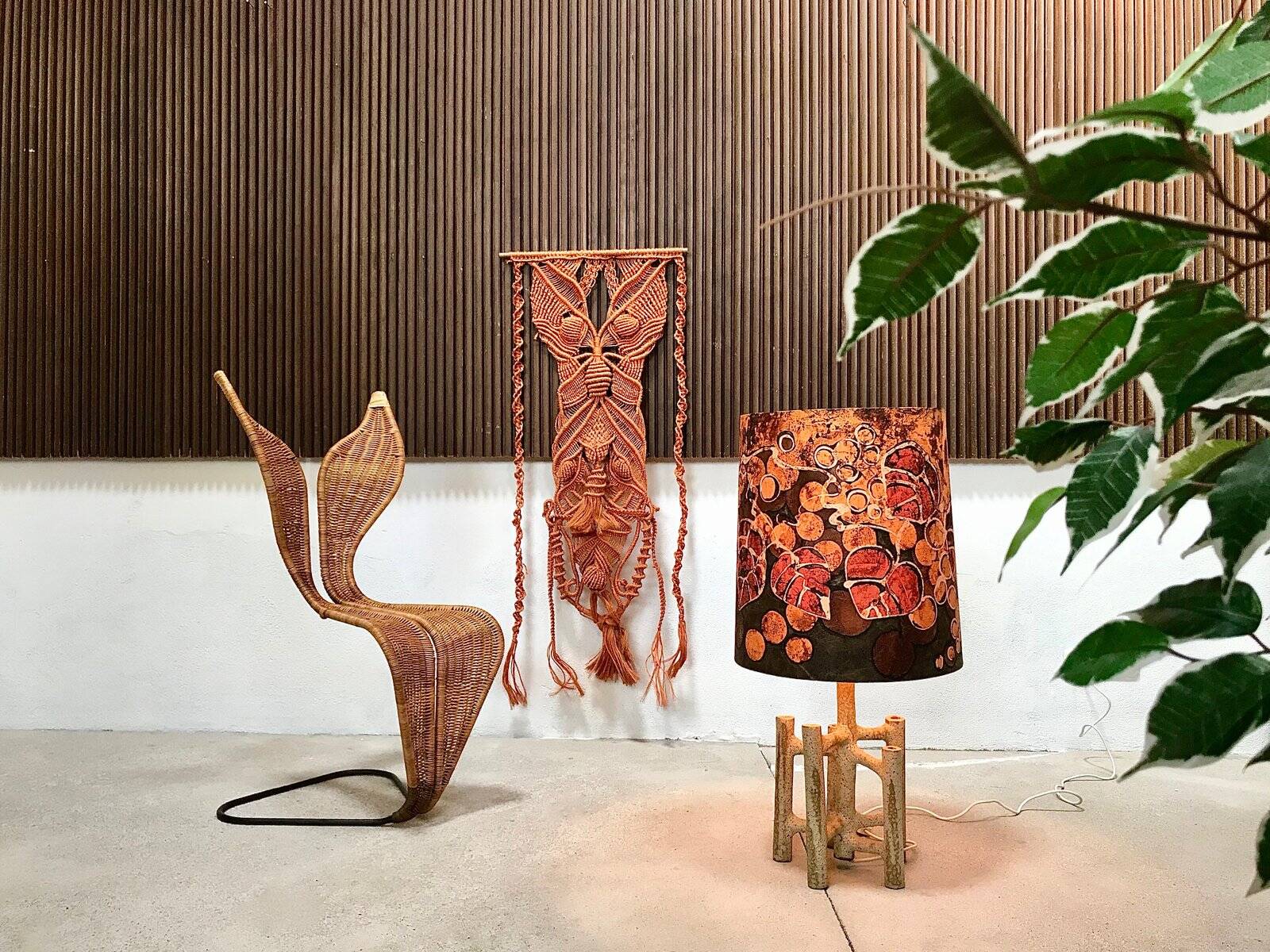 Large sculptural ceramic table lamp with textile batik lampshade, 1960s