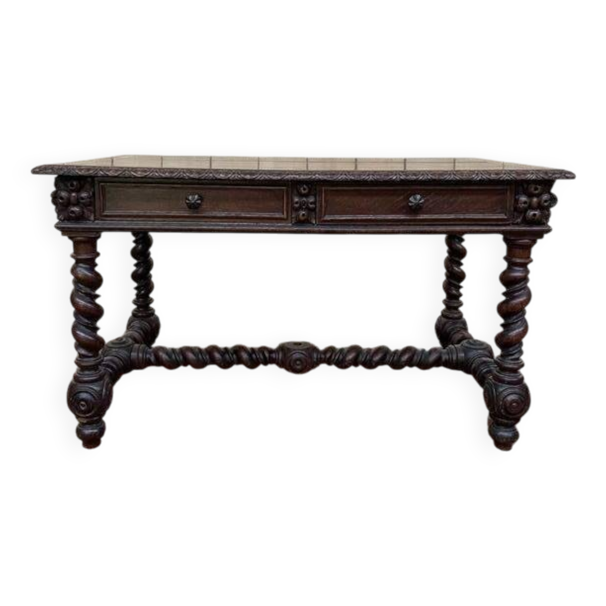 Bureau plat de style Louis XIII en chêne à deux tiroirs