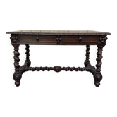 Bureau plat de style Louis XIII en chêne à deux tiroirs