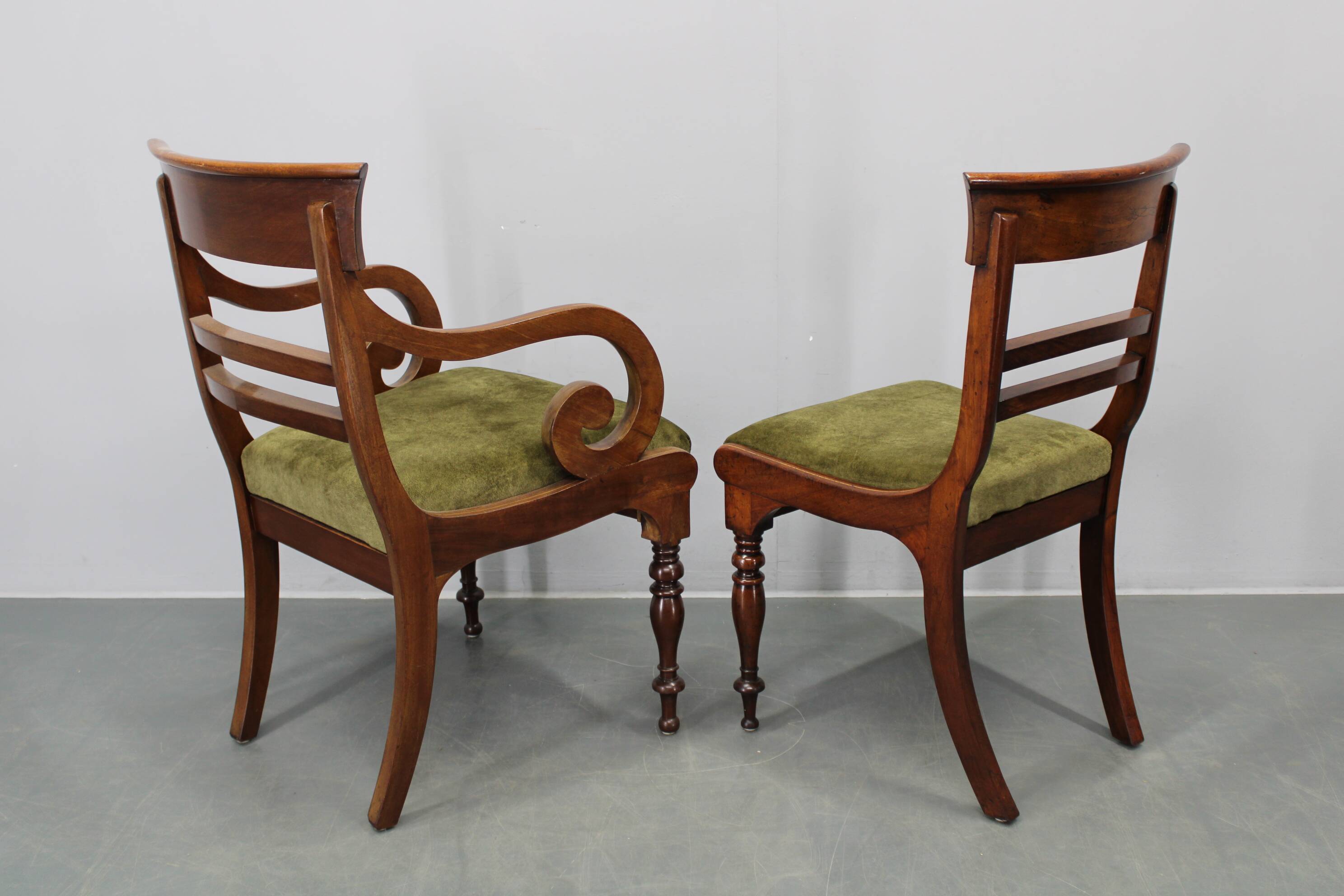 French Art Deco walnut dining chair set with armchairs, France 1930s