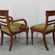 French Art Deco walnut dining chair set with armchairs, France 1930s