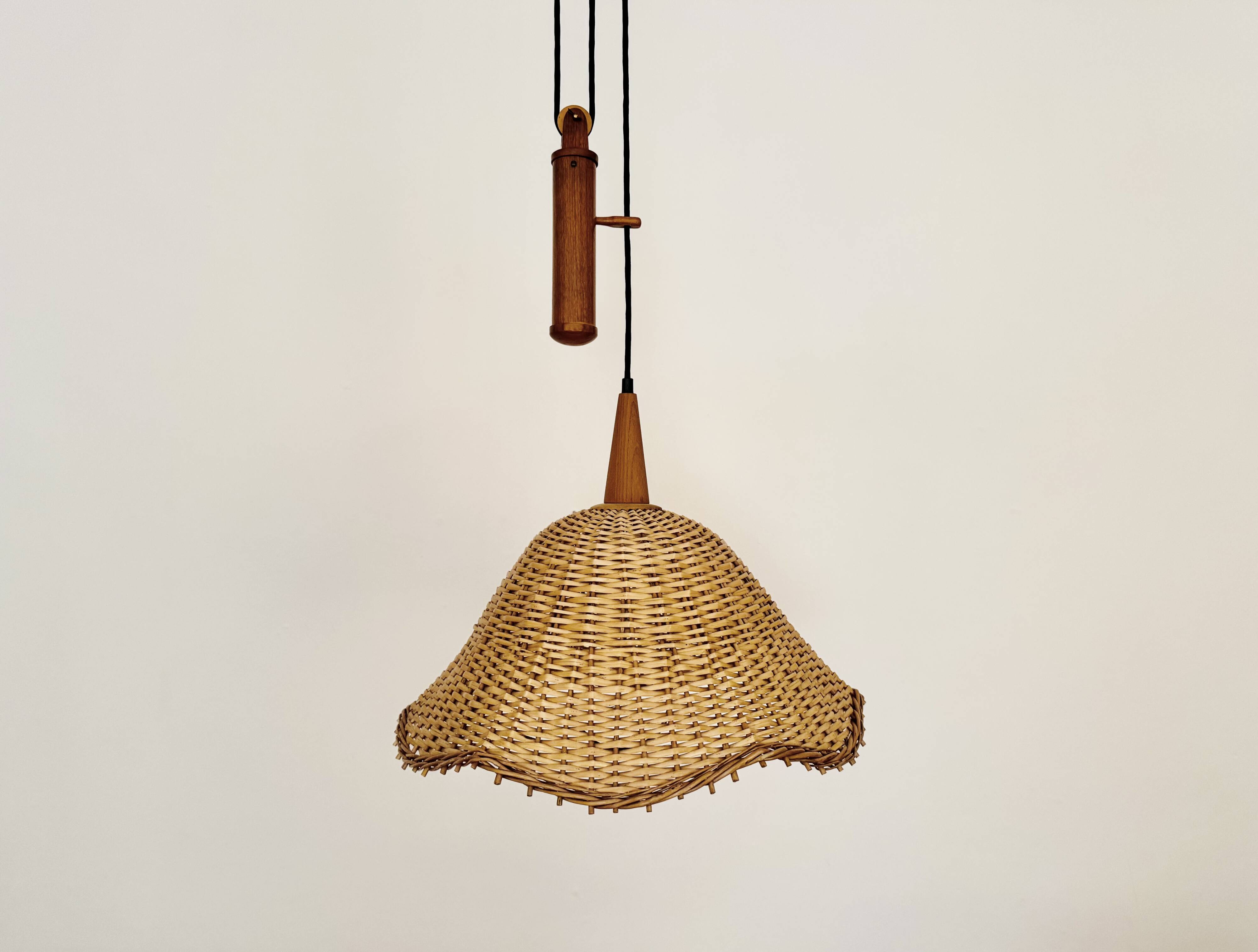 Adjustable Wicker and Teak Pendant Lamp