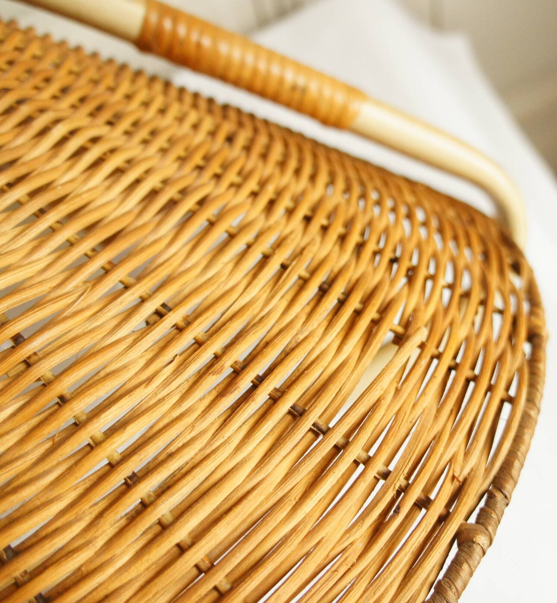“French Riviera” rattan, metal & opaline pendant light, 1960