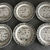 Lot of 6 plates in fine earthenware from choisy-le-roi, p&h, rebus décor; xixth