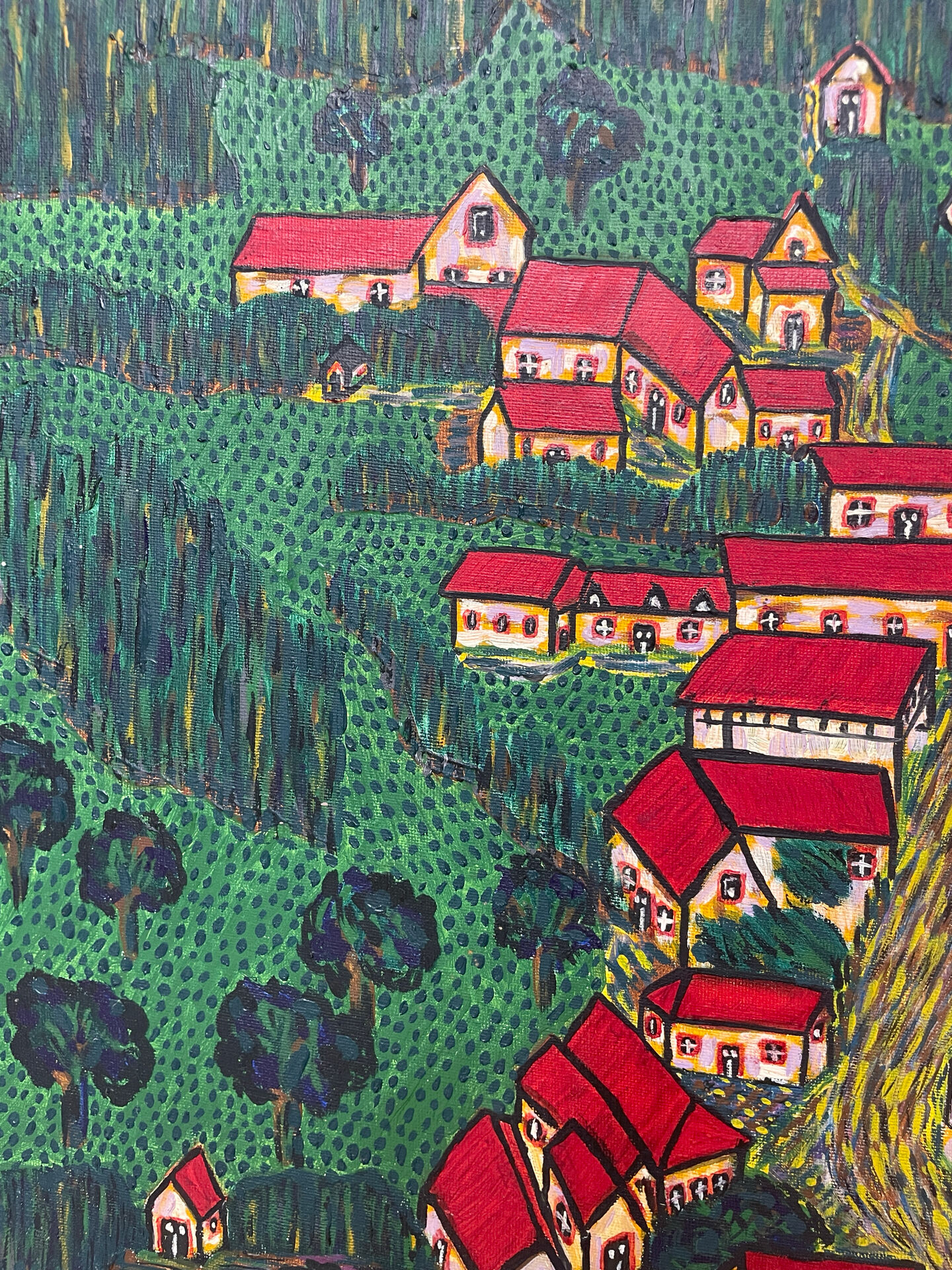 Painting the village with red roofs.