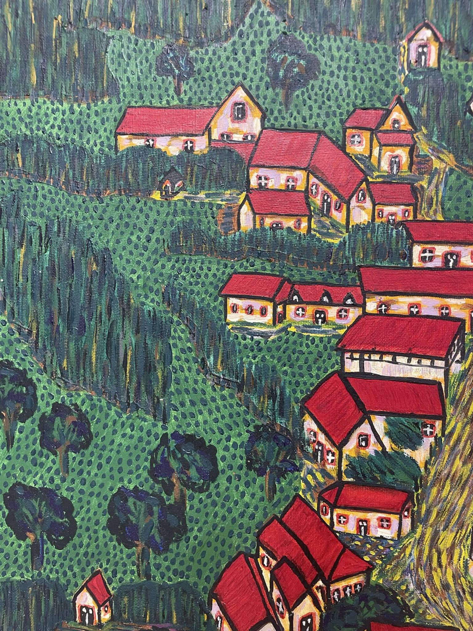 Peinture le village aux toits rouge