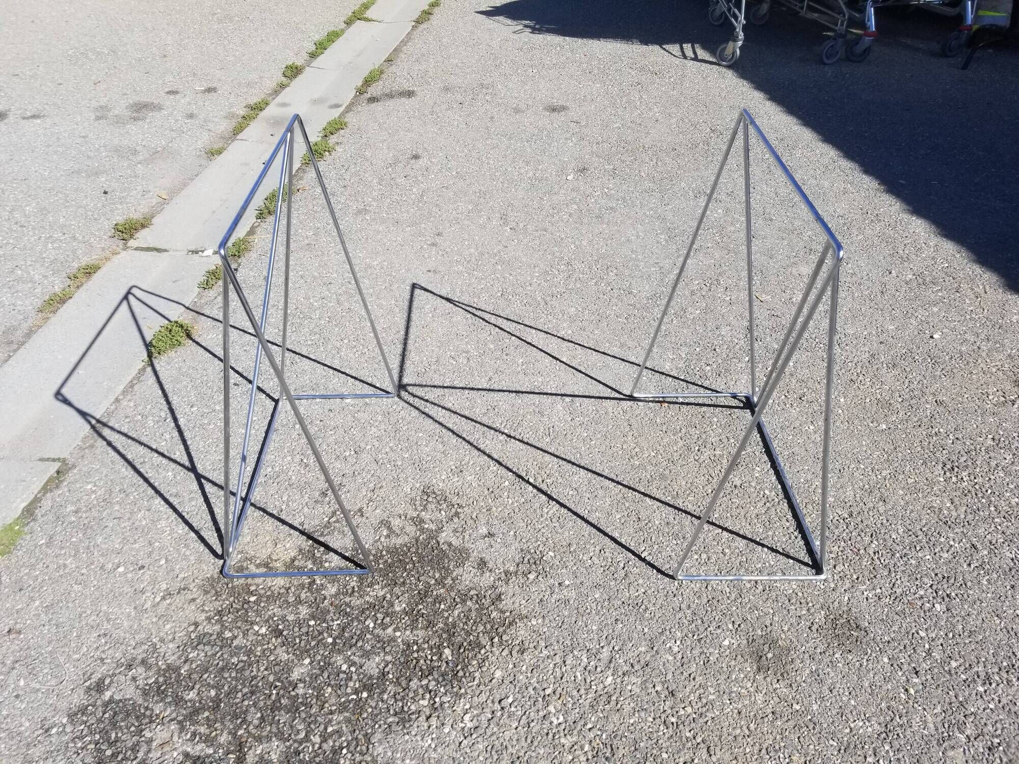 Vintage steel wire desk with chrome trestles and smoked glass top