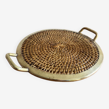 Round rattan and brass serving tray