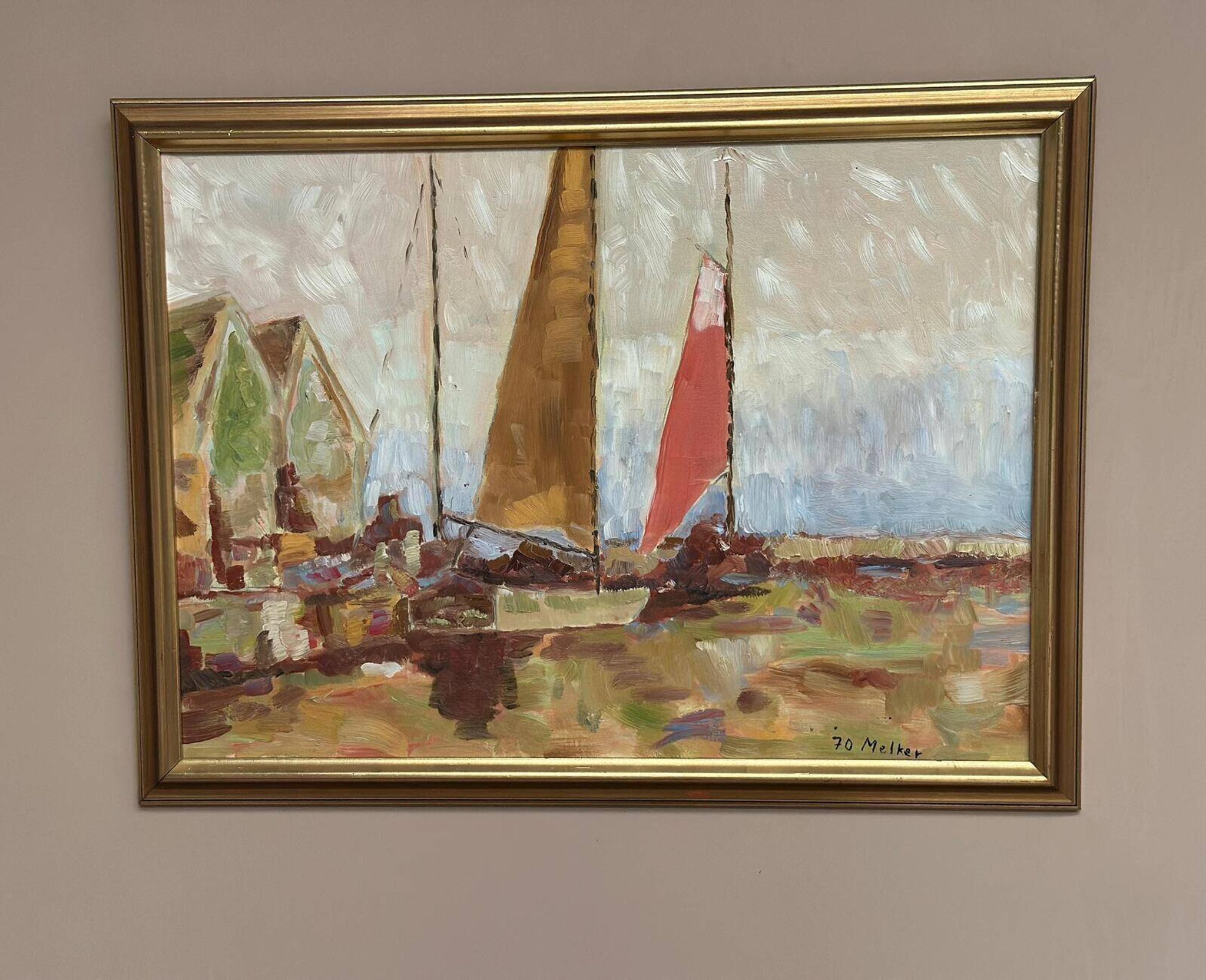 Original Swedish Oil On Canvas – “Sailing Ships” By Melker – Dated 70, Vintage & Framed – 57 × 75 Cm (22.4" × 29.5")