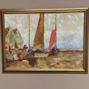 Original Swedish Oil On Canvas – “Sailing Ships” By Melker – Dated 70, Vintage & Framed – 57 × 75 Cm (22.4" × 29.5")