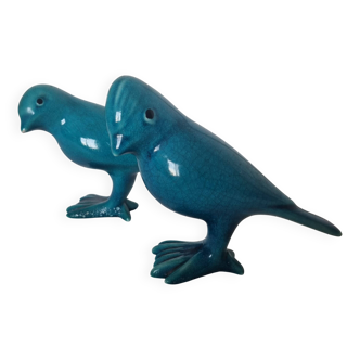 Paire d'Oiseaux Art Déco en porcelaine Bleue des années 40-50 signés