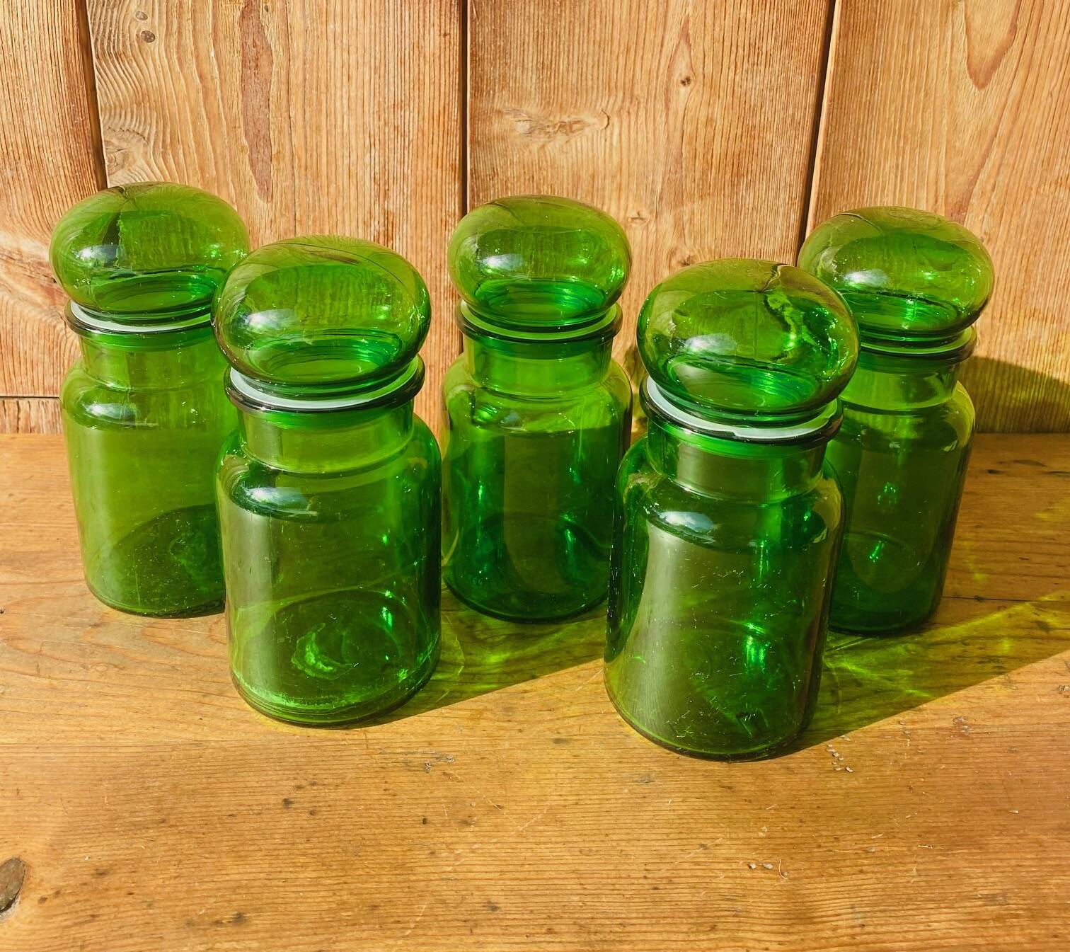 Set of 5 vintage green glass jars Made in Belgium