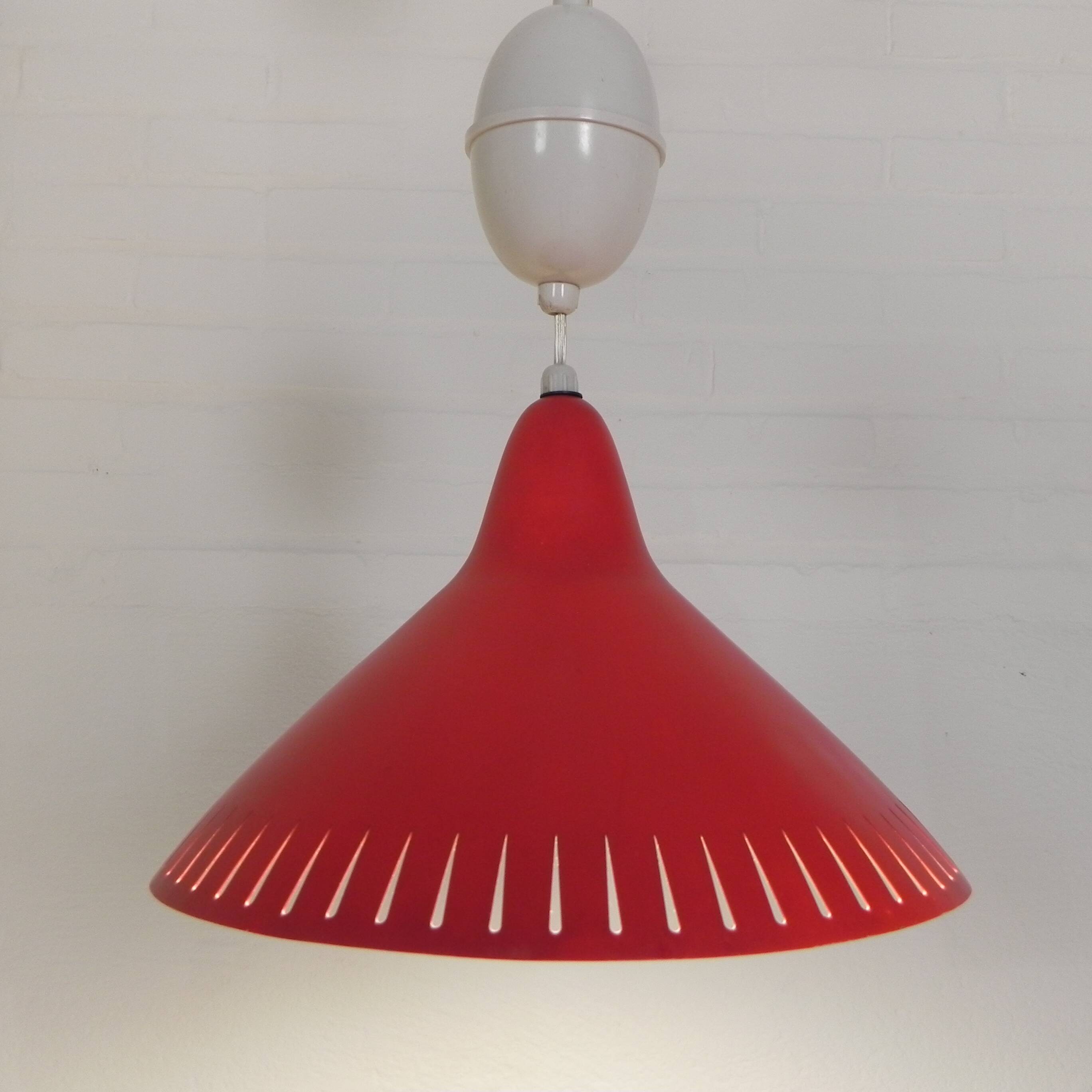 Hala suspension by H. Busquet with red shade and winding system, 1950s.