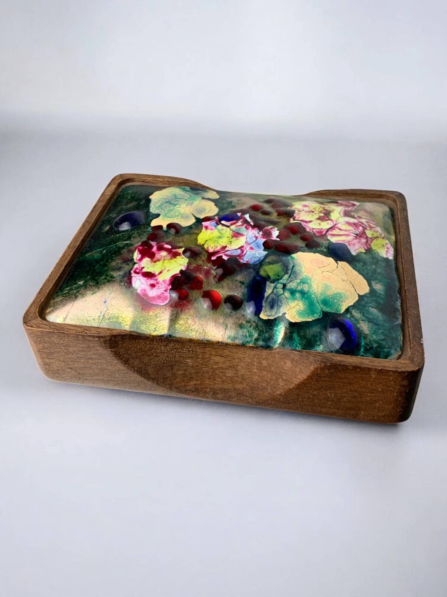 Modernist wood and enamel vanity box by J. Capo Esmaltes, 1970s, Spain