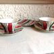 Cups and saucers polychrome Sarreguemines decoration Feria, vintage 30s-50s