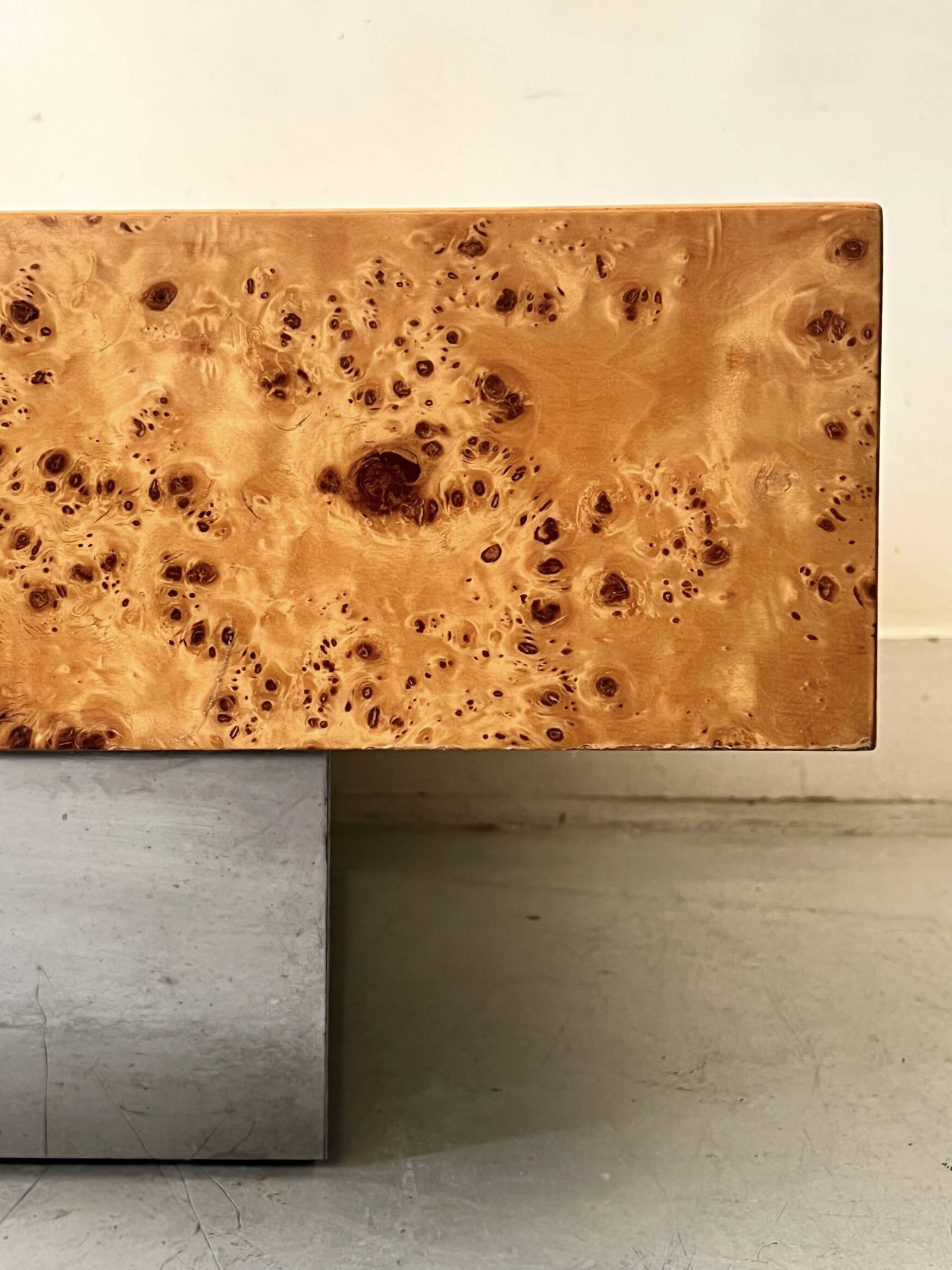 Square designer coffee table in elm burl and chrome, JC Mahey 1970
