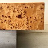 Square designer coffee table in elm burl and chrome, JC Mahey 1970