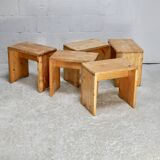 Selection by Charlotte Perriand for Les Arcs, set of 5 pine stools. France, circa 1960