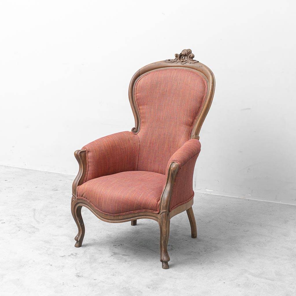 Pair of classic vintage armchairs in carved wood and fabric, 1950s
