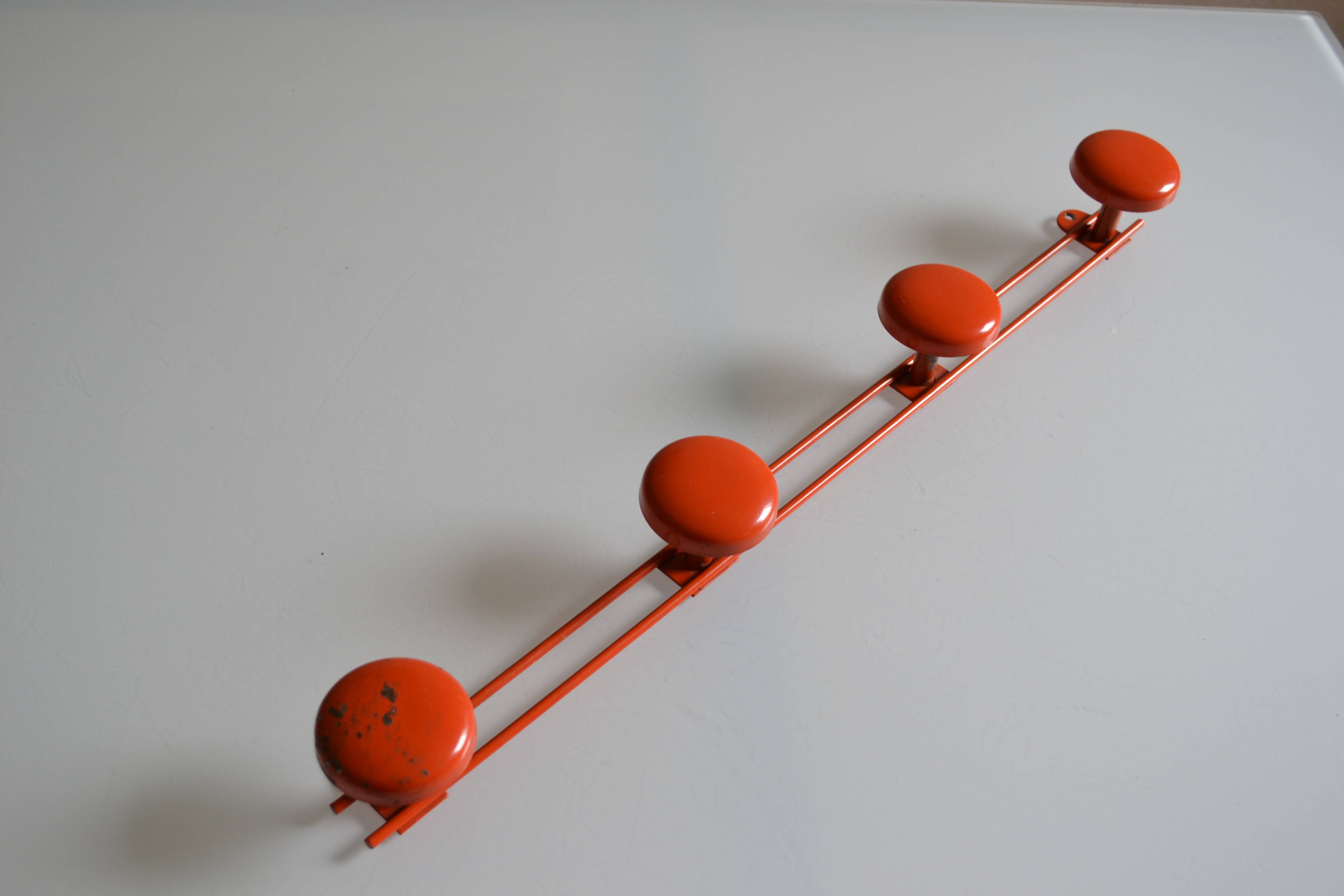 Vintage 70s orange lacquered metal 4-hook wall coat rack