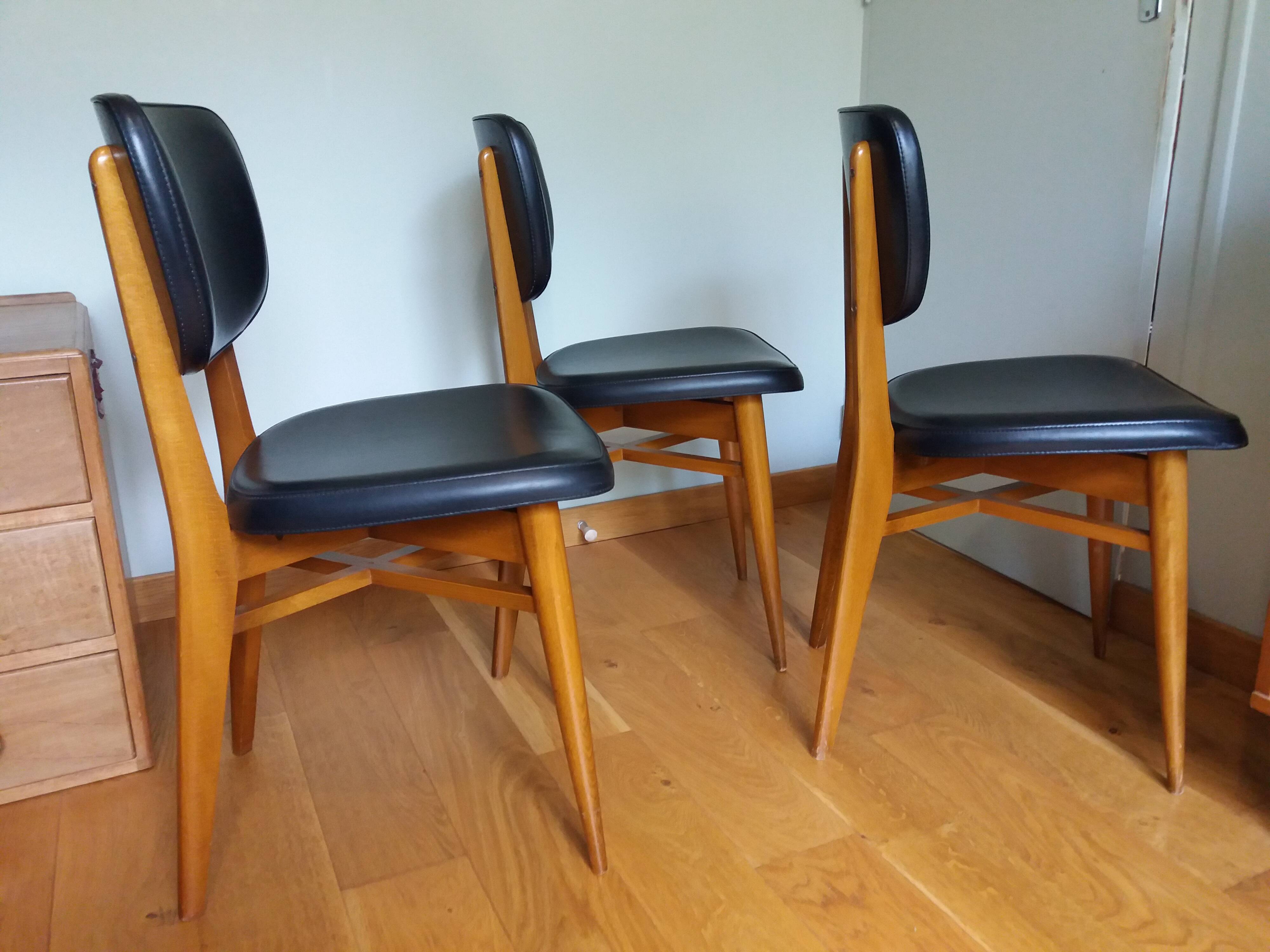 3 Scandinavian style skai faux leather and wood chairs