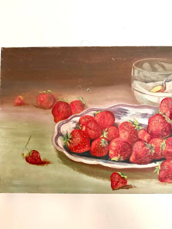 Huile sur toile, nature morte aux fraises signée Raymond JAFFRÉ (1918-2003)