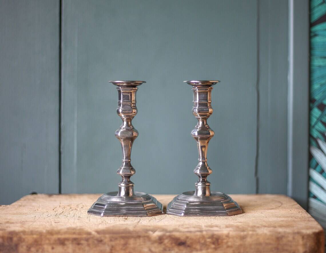 Pair of silver metal empire style candlesticks, candle holder, torch, interior decoration