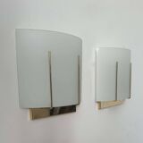 Pair of vintage wall lights, gilded brass and sandblasted glass, Italy 1970