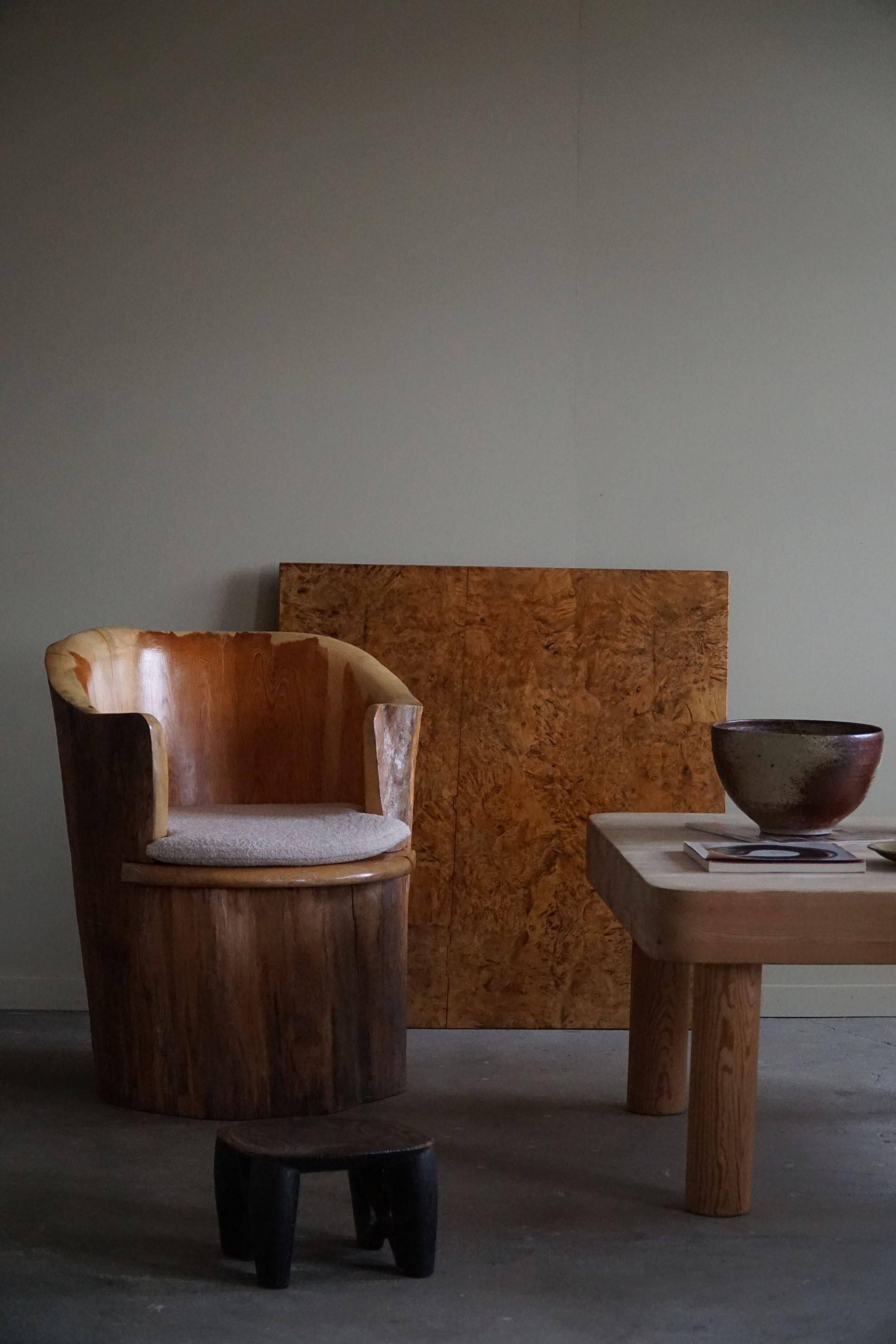 Sculptural stump chair, Brutalism, Wabi Sabi in solid pine, Swedish, 1968.