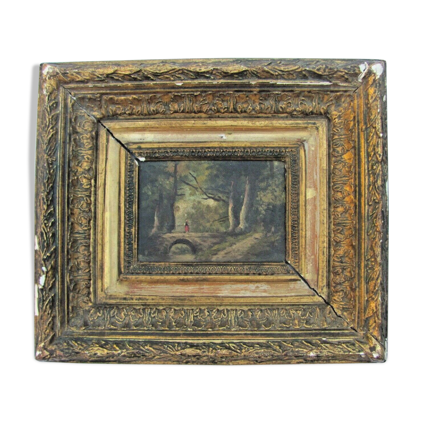 Oil on panel - dreamy young woman in a wooded gilded frame