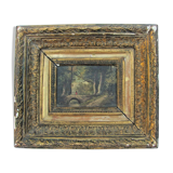 Oil on panel - dreamy young woman in a wooded gilded frame