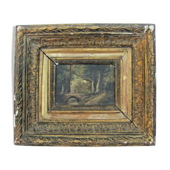 Oil on panel - dreamy young woman in a wooded gilded frame