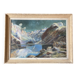 Mountain painting by paul jouvet of lake lauvitel in oisans (alps)