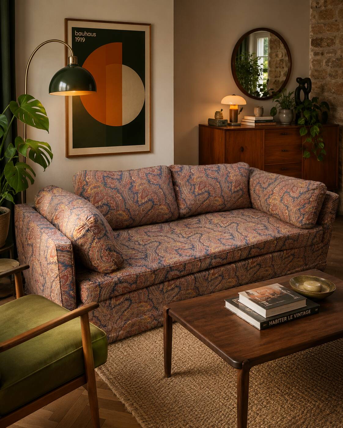Vintage upholstered 2-seater sofa – embroidered cashmere fabric
