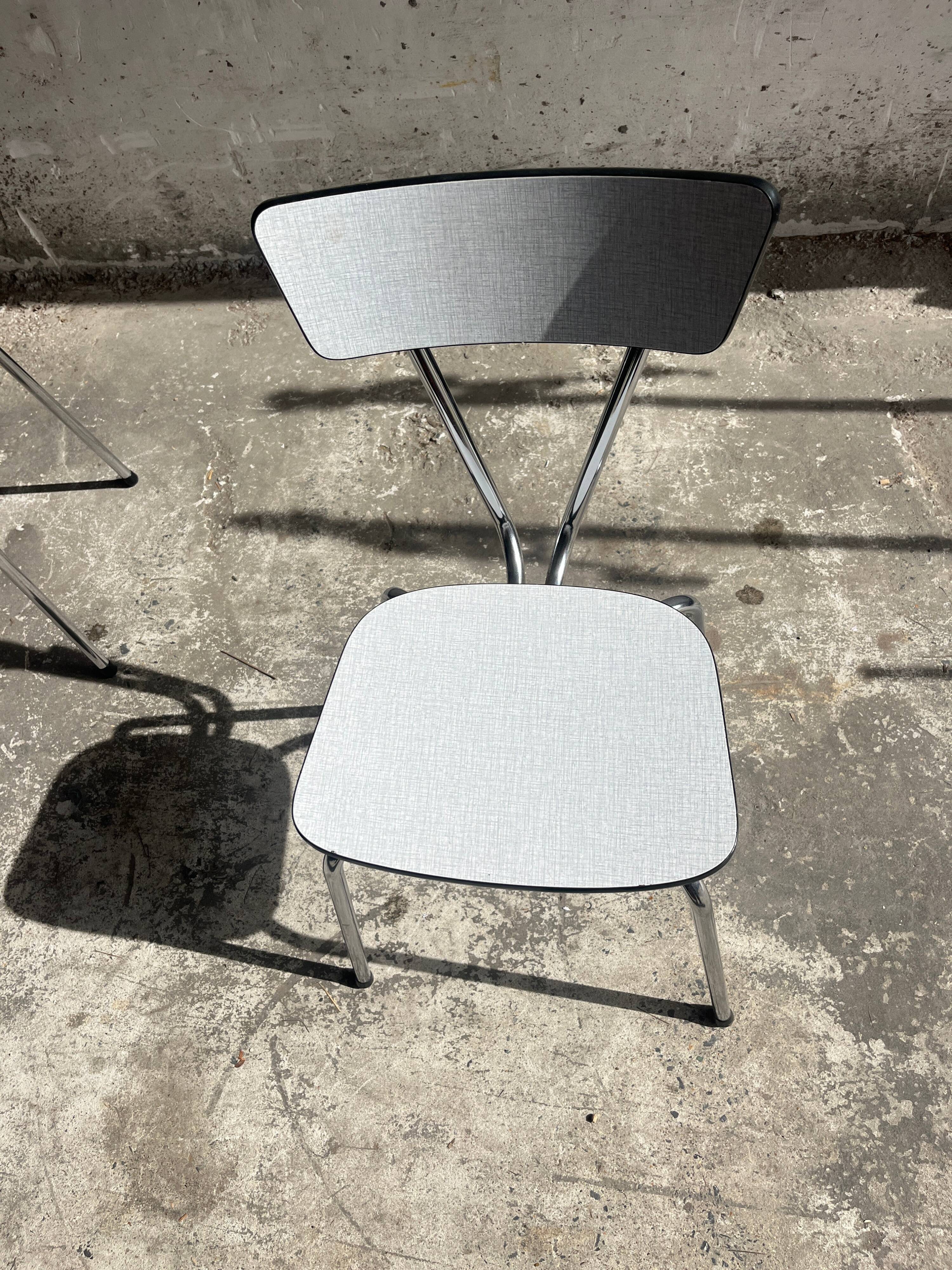 Set of 8 Vintage Mid-century Dining Chairs — Light Grey Laminated Plywood with Chrome Legs