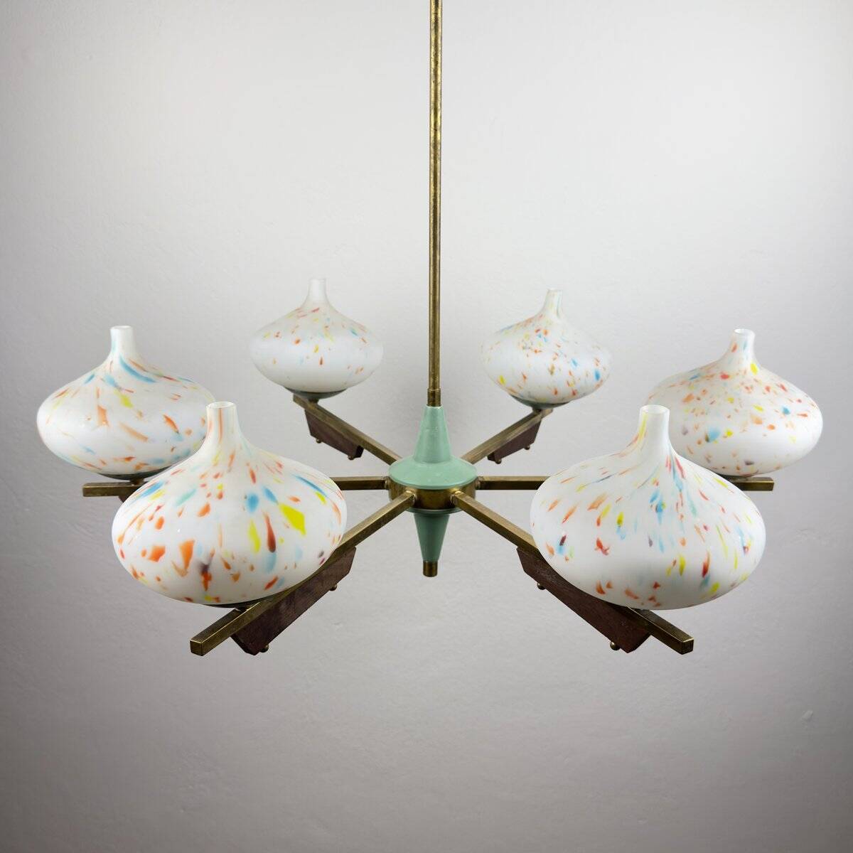 Mid-century chandelier with teak and Murano glass by Stilnovo, Italy, 1950s.