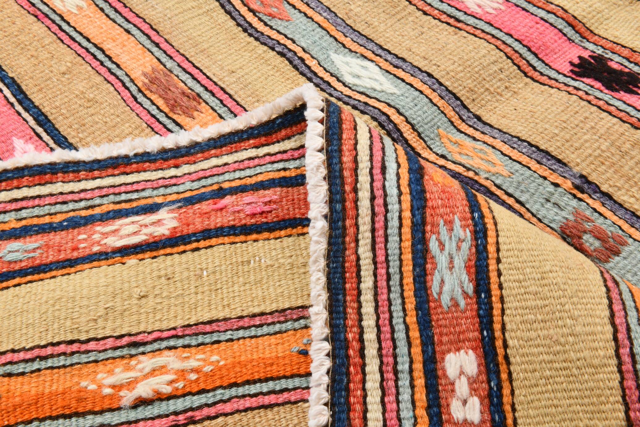 6x8 Khaki & Red Striped Pattern Vintage Kilim Rug, 183x239Cm