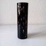 Black opaque glass vase with minimalist style copper inlays